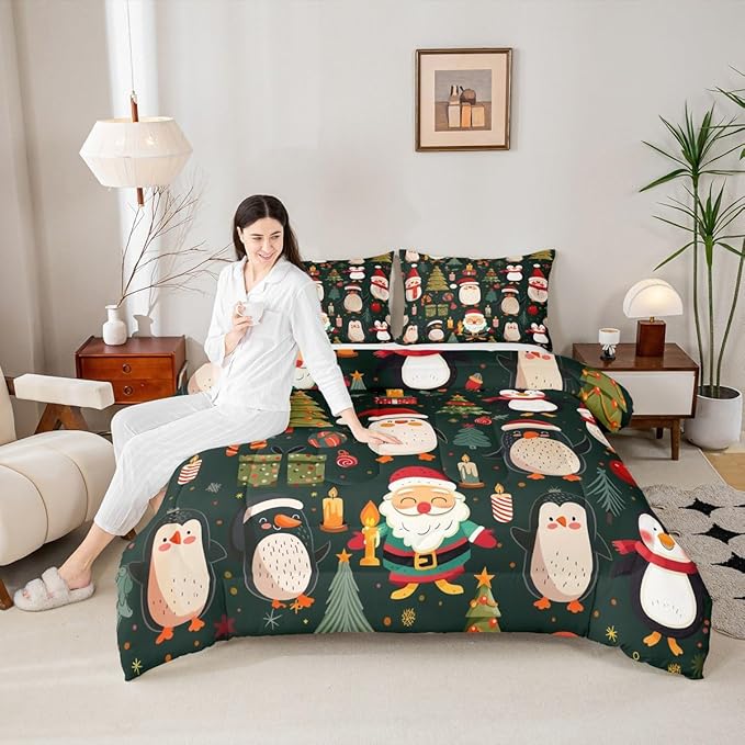 Feelyou Christmas Bedding Set Soft for Boys Girls, Penguin Santa Comforter Set Toddler Size Xmas Tree Snowflake Duvet Quilt Microfiber New Year Gift Bedroom Decor 2 Pcs with 1 Pillow Cases