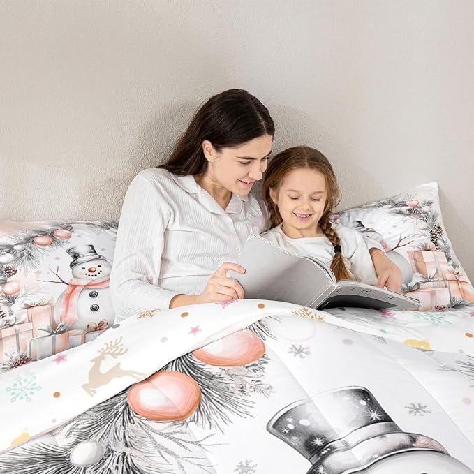 Feelyou Merry Christmas Comforter Set Queen Size Cute Snowman Bedding Set for Kids Boys Girls Duvet Quilt Snowflake Bedroom Decor Microfiber 3 Pcs with 2 Pillow Cases