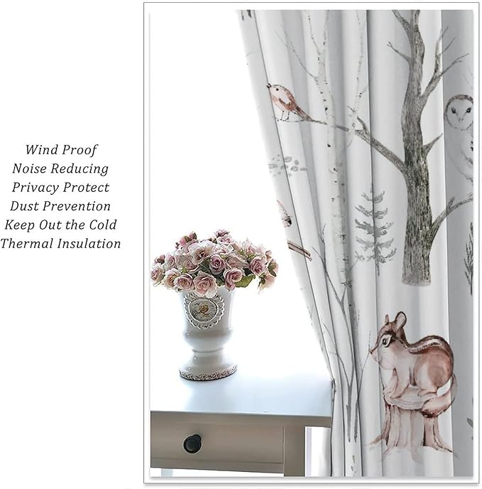 Watercolor Woodland Animal Curtains, Wildlife Bear Farmhouse Lodge Cabin Squirrel Owl Hedgehog Fox Blackout Rod Pocket Windows Door Curtain for Bedroom Living Room Home Decor 42x54in