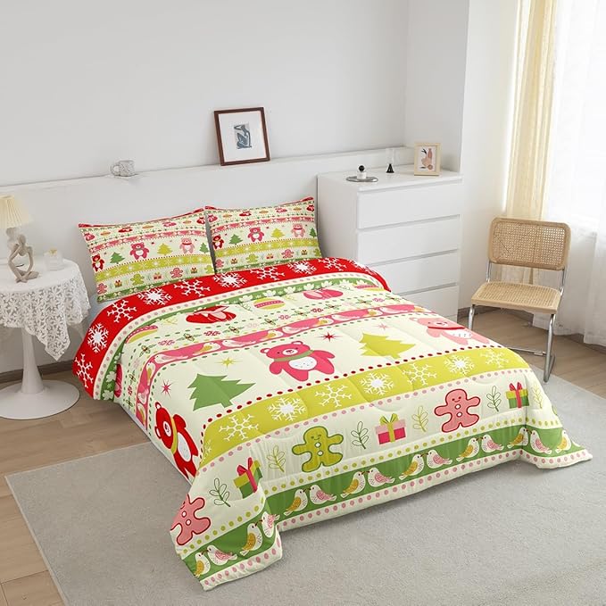Erosebridal Merry Christmas Comforter Set Kids Toddler Size Xmas Tree Decor Quilts Snowflake Bedding Set Cute Colourful Bear Duvet Insert with 1 Pillow Case