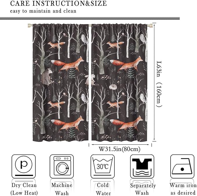 Rustic Forest Curtain, Woodland Country Hunting Animal Deer Fox Wildlife Bear Farmhouse Lodge Cabin Blackout Rod Pocket Windows Door Curtain for Bedroom Living Room Home Decor 63x63in