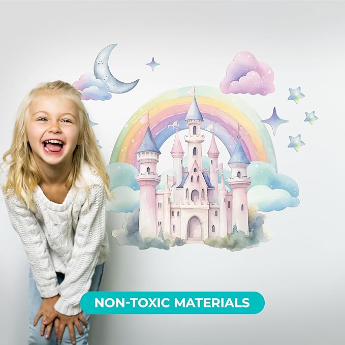 CRYPTONITE Rainbow Wall Decal for Girls Bedroom | Watercolor Castle Vinyl Sticker for Nursery Wall Decor | Cute Stickers for Kids Room, Windows, or Furniture | 3 Sizes (Wide 20" x 18" Height (Small))