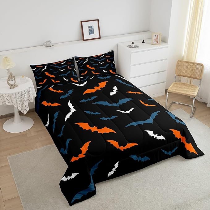 Erosebridal Bat Bedding Set for Kids Adults Boys Girls Happy Halloween Comforter Set Twin Size Gothic Spooky Quilt Orange Bats Duvet Insert with 1 Pillow Case