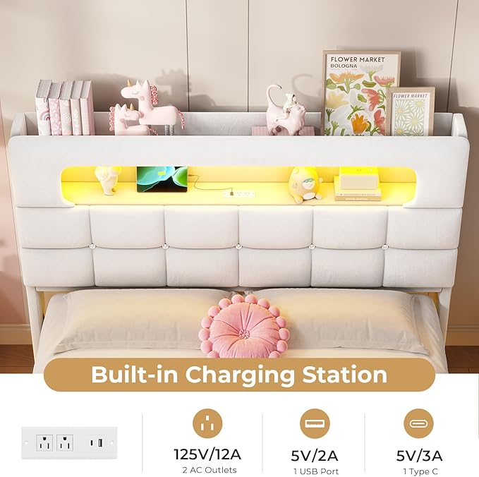 MSmask Queen Upholstered LED Bed Frame with 2-Tier Storage Bookcase Headboard, Velvet Princess Bed with Crystal Button Tufted Headboard & Charging Station, Girls Platform Bed, Curved Legs, White