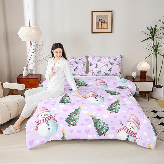 Feelyou Merry Christmas Bedding Set Soft for Boys Girls, Cute Snowman Comforter Set Full Size Christmas Tree Duvet Quilt Microfiber Love Hearts 3 Pcs with 2 Pillow Cases