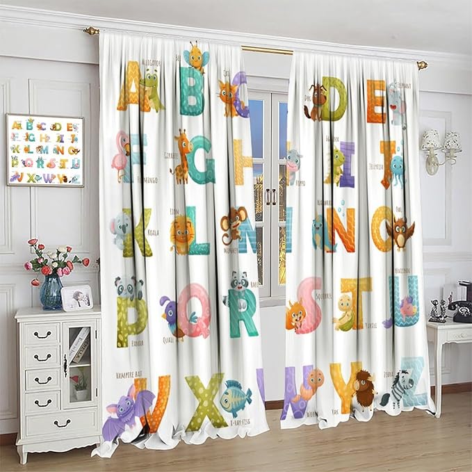 Kids Alphabet Curtains Educational Baby Cartoon Animals Colorful Cute Curtain with Rod Pocket for Nursery Living Room Home Decor Drapes Window Treatments 2 Panels Set 72x63in