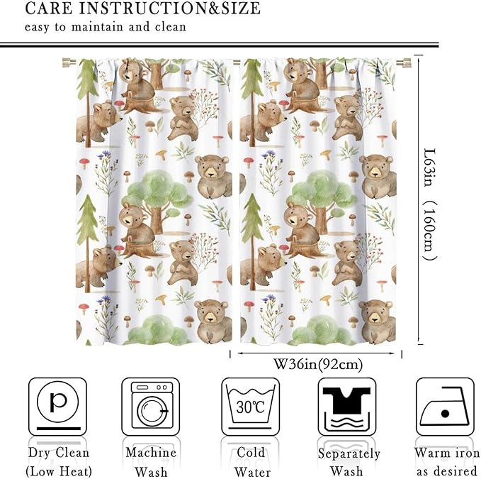 Forest Animal Curtains,Kids Home Bedroom Window Treatments, Cartoon Watercolor Bear Squirrel Woodland Animal Drapes 72x63in