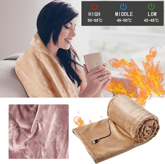 Portable Heated Blanket Throw - USB Charging Flannel Electric Blankets, Fast Heating Warming Winter Throw Blanket for Women, Machine Washable (Gray, 55X31 Inches)