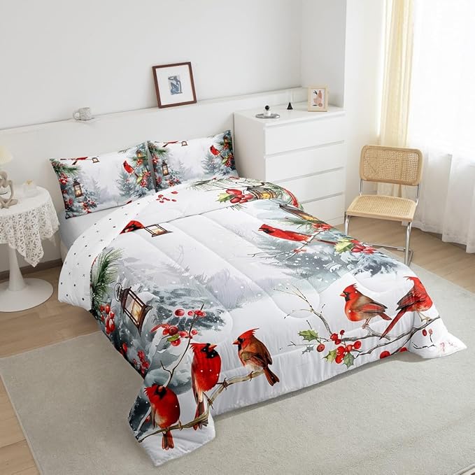 jejeloiu Kids Red Cardinal Comforter Set King Size Christmas Theme Bedding Set for Boys Girls Teens Xmas Birds Winter Country Woodland Animal Duvet Quilt Room Decor