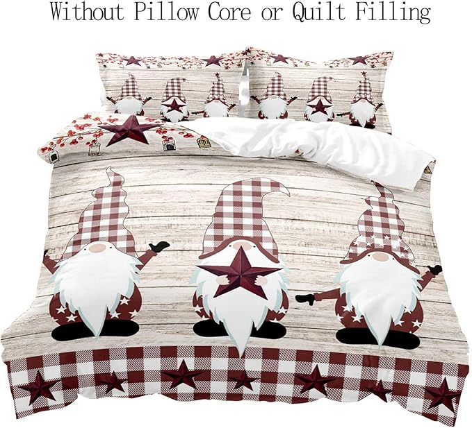 LUVIVIHOME 3PCS Christmas Gnome Duvet Cover Queen Bedding Sets, Primitive Country Rustic Farmhouse Bedding, Holly Berry Star Red Buffalo Plaid Checkered Comforter Bedspread Quilt Cover, 2 Pillow Shams