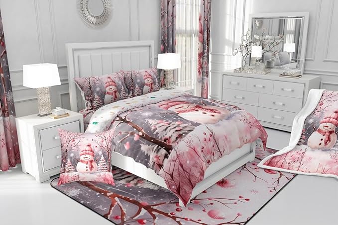 Feelyou Cute Snowman Comforter Set All Season Christmas Tree Bedding Set with 2 Pillow Cases Xmas Snowflake Microfiber Kids Queen Bedclothes Pink Scarf Bedroom Decor Pink Winter Scene Duvet Quilt