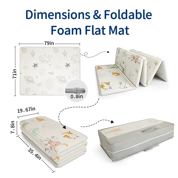 79x71 Baby Play Mat Foldable, Thick 0.8 Inch XPE Foam Waterproof, Extra Large Crawling Mat for Floor Kids Infant Training Non-Slip Reversible