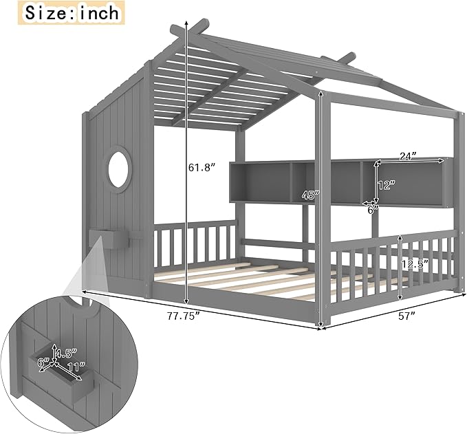 Full Size Floor House Bed with Roof and Window for Kids, Wooden Playhouse Bed with Storage Shelves for Bedroom Furniture Girls & Boys (Gray/L1, Full)