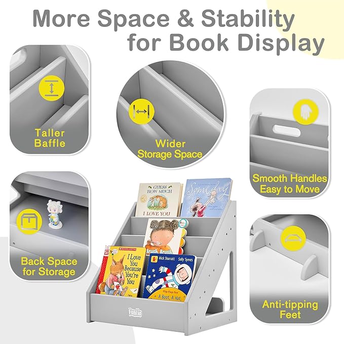 FUNLIO Montessori Bookshelf for Toddlers 1-5 Years, Front-Facing Kids Bookcase with Handle & Anti-Tilting Device, Premium Pine Baby Bookshelf, Children's Bookcase for Nursery/Classroom - Grey