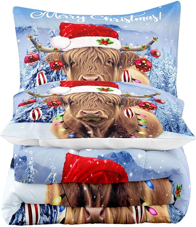 LUVIVIHOME 3PCS Funny Highland Cow Comforter Set King Size, Christmas Bedding, Cattle Bull Animal Santa Christmas Balls Winter Holiday Xmas New Year Christmas Bedroom Decor, Cow Gifts, 2 Pillow Shams