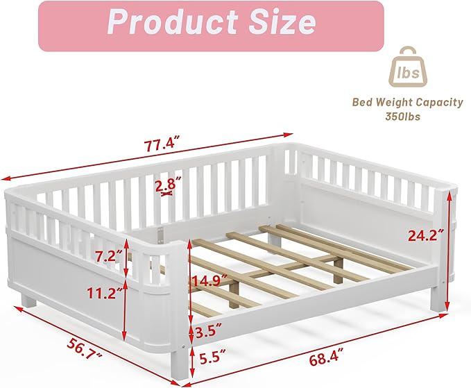Full Kids Floor Bed Frame with Rails, Wood Low Montessori Platform Bed with Slats Support, Modern Daybed with Detachable Side Rails, Space Saving Kids Beds for Boys Girls Bedroom, White
