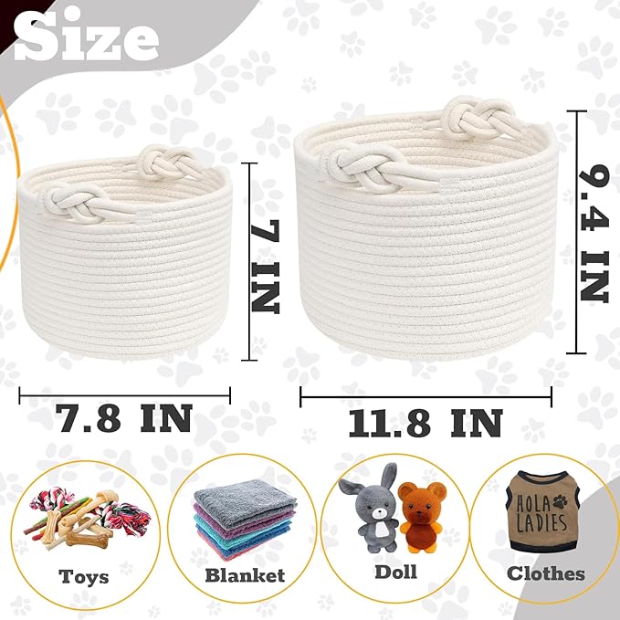 Personalized Dog Toy Basket Custom Cat Toy Box Rope Woven Basket with Pet's Name Dog Storage Organizer with Handles Cute Toy Bin for Cat White