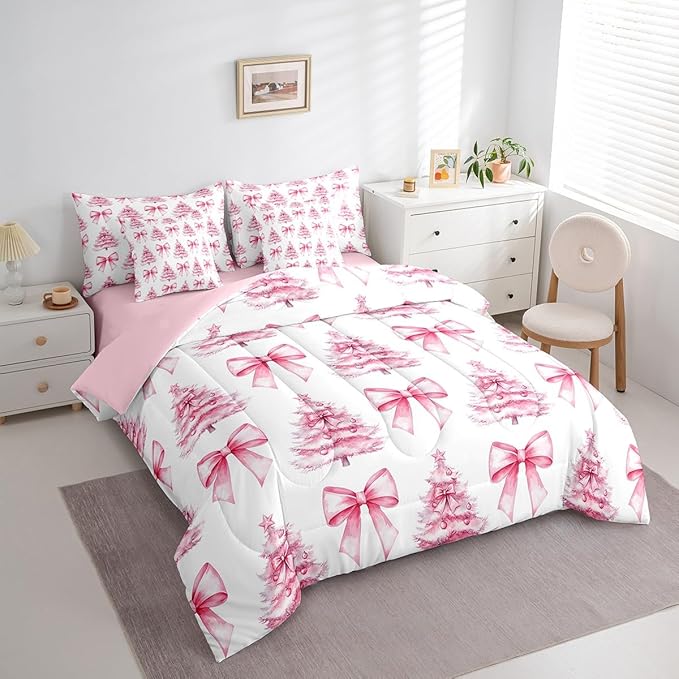 Manfei 7 Pieces Pink Bowknot Kids Comforter Queen,Christmas Trees Pine Bow Tie Toddler Bedding Set,Merry Christmas Happy New Year Xmas（Comforter+Fitted+Flat Sheet+2 Pillowcases+2 Throw Pillow Covers）
