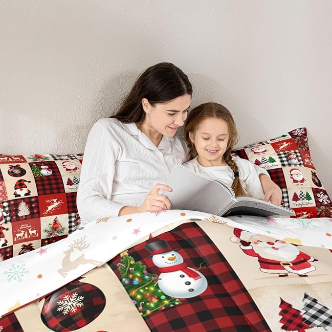 Christmas Comforter Set Queen Size,Red Plaid Holiday Design Bedding Set 3pcs,Snowman Santa Claus New Year Patchwork Down Comforter for All Season, Kids Boys Girls Room Decor,2 Pillowcases,No Sheets
