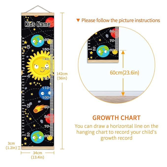 Personalized Kids Name Growth Chart Ruler for Wall Wood Frame Height Measure Chart 13.4x56 in Linen Hanging Height Growth Chart Space Stars Planets Galaxy Rockets Sun Kids Room Decor