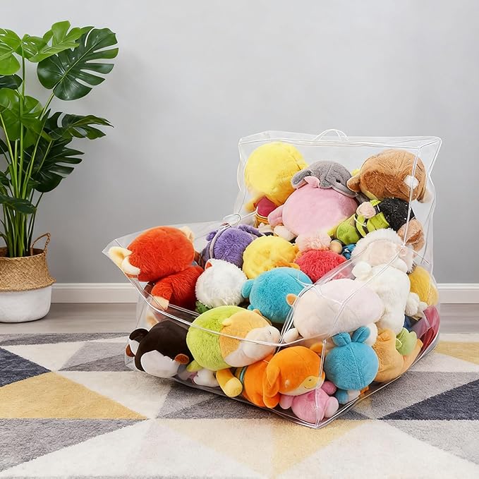 Bean Bag Chair for Stuffed Animals - Large Clear Plush Toy Storage with Soft Fabric Cover, Durable Zipper Closure with Easy Access Function, Organizer Chair for Bedroom Playroom Living Room Closet