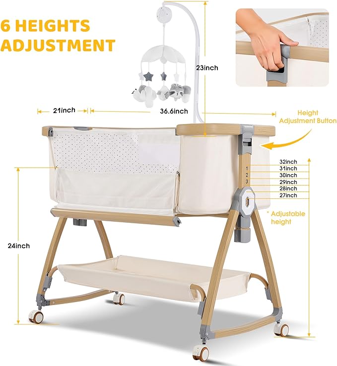 Bassinet Bedside Sleeper,Bedside Bassinet,Rocking Bassinet,3 in 1 Baby Bassinet with Mattress,Mobile,Mosquito Net,Storage Basket,6-Height Adjustable Portable Bassinet with Wheels for Newborn(Beige)