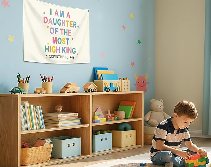 Christian Bible Verse Scripture Rectangular Banner Flag Wall Decor Gift for Baby Girl Kids,Nursery Bedroom Playroom Reading Room Decor-I am a Daughter of the King-Baby,Shower Birthday Christmas Gift