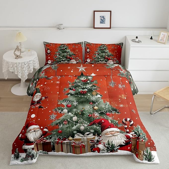 Christmas Theme Comforter Set Queen Size,Snowflake Christmas Tree Bedding Set for Kids Teens Adults Room Decor,Santa Claus Red Duvet Insert 3Pcs,X'mas Star Polka Dot Glitter Quilt Set,2 Pillowcases