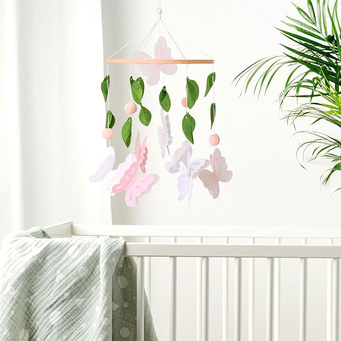 Butterfly Mobile for Crib Girl, Pink and White Butterly Baby Crib Mobile, Nursery Mobile Decoration