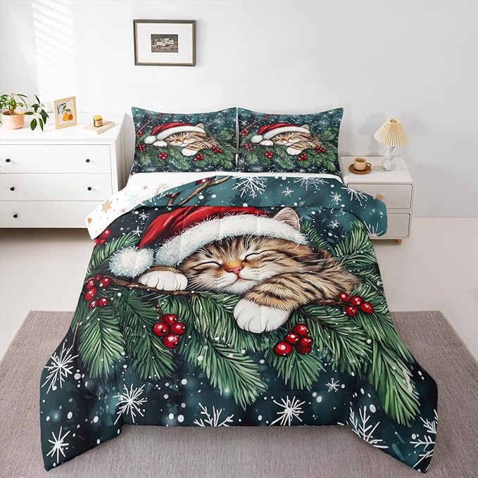 Cute Cat Comforter Set King Size,Winter Holly Berries Snowflake Kids Bedding Set,Animal Merry Christmas Poinsettia Quilt Comforter,Dark Green Duvet Insert,2 Pillowcases