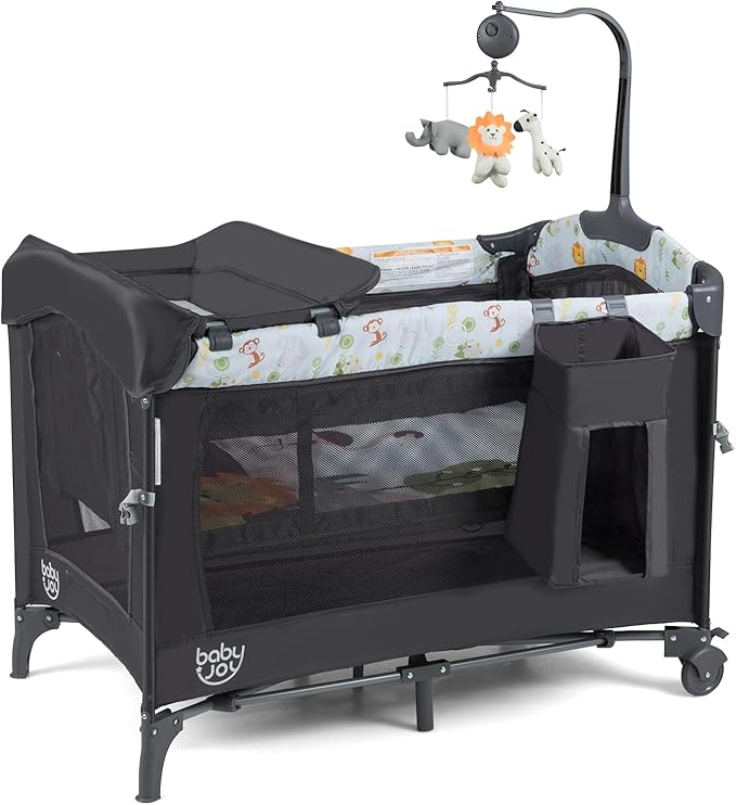 BABY JOY 4 in 1 Pack and Play, Baby Bedside Sleeper with Bassinet, 3 Adjustable Heights, Music Box, Easy to Install, Foldable Bedside Crib w/Changing Table, Playards from Newborn to Toddlers