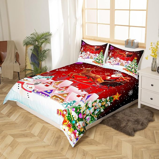 Manfei Christmas Duvet Cover Set King Size, Snowman Xmas Tree Bedding Set for Kids Boys Girls, Santa Claus with Reindeer Comforter Cover New Year Theme Quilt Cover with 2 Pillowcases, No Comforter