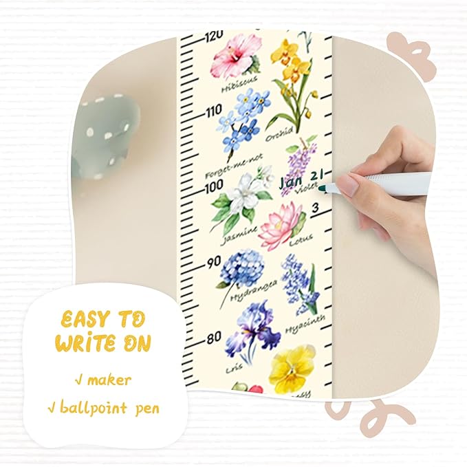 Personalized Name Height Chart for Kids, Kids Growth Chart for Wall, 59" X 7.9" Canvas Removable Height Chart Measuring Ruler for Kids & Baby(Paint Flowers-1）