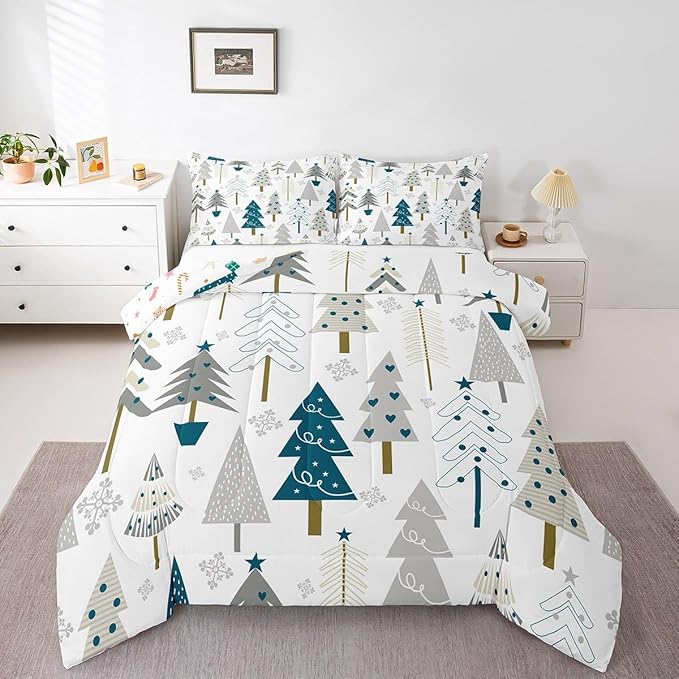 Xmas Trees Full Size Comforter Set,Merry Christmas Pine Hand Drawn Bedding Comforters Bedroom Collection,Blue Plant Snowflakes Winter Bedding Set for Girls Teens