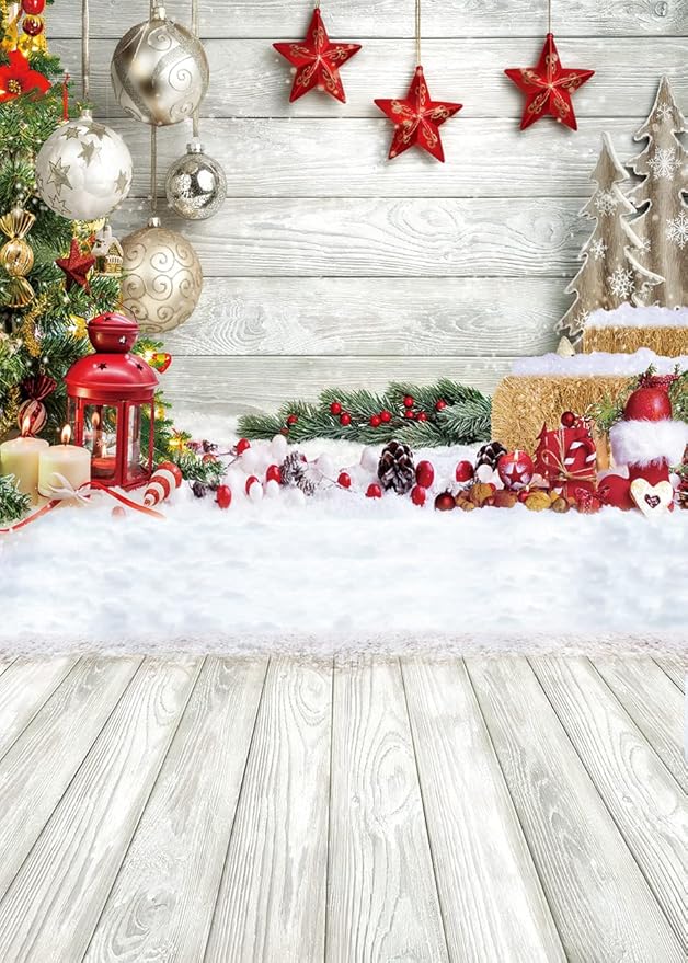 CYLYH 5x7ft White Wood Floor Photography Backdrop - Winter Snow Xmas Background for Newborn, Christmas & New Year Parties