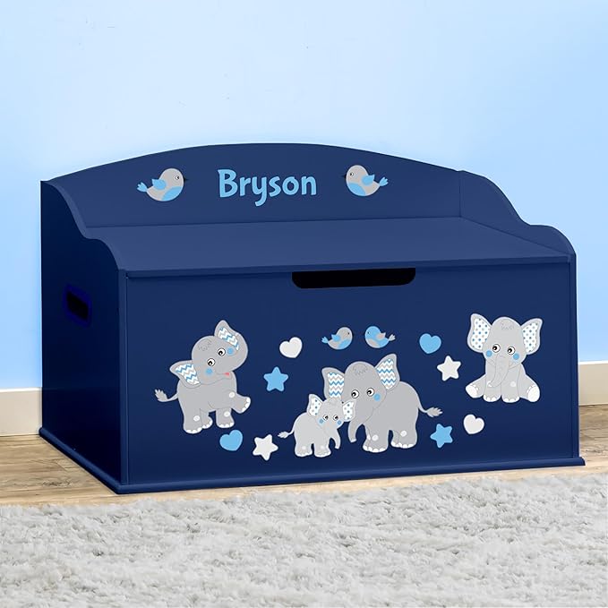 DIBSIES Personalized Creative Wonders Toy Box, Blue Elephants, 30 x 19.25 x 18 inches, Soft-Close Lid (Blue)