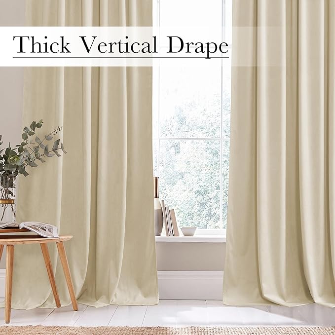 StangH Beige Velvet Curtains 96 inches Long Back Tab Room Darkening Privacy Protect Window Treatment Thick Sliding Door Drapes for Living Room/Bedroom, W52 x L96, 2 Panels