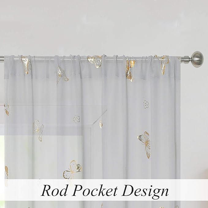 Jubilantex Grey Sheer Curtain with Gold Butterfly Pattern for Kids Room, Linen Textured Rustic Metallic Print 63 Inch Rod Pocket Window Drapes for Girls Bedroom Living Room, 2 Panels