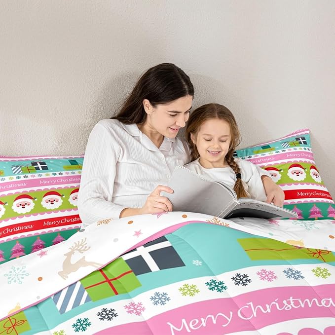 Feelyou Merry Christmas Comforter Set King Size Santa Claus Bedding Set for Kids Boys Girls Xmas Tree Snowflake Duvet Quilt Striped Bedroom Decor Microfiber 3 Pcs with 2 Pillow Cases