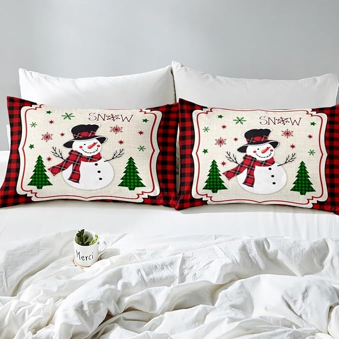 Manfei Cute Snowman Duvet Cover Set Queen Size, Xmas Trees Snowflake Comforter Cover with 2 Pillowcases, Christmas Theme Red Plaid Bedding Set 3pcs for Kids Girls New Year Bedspread Cover,No Comforter