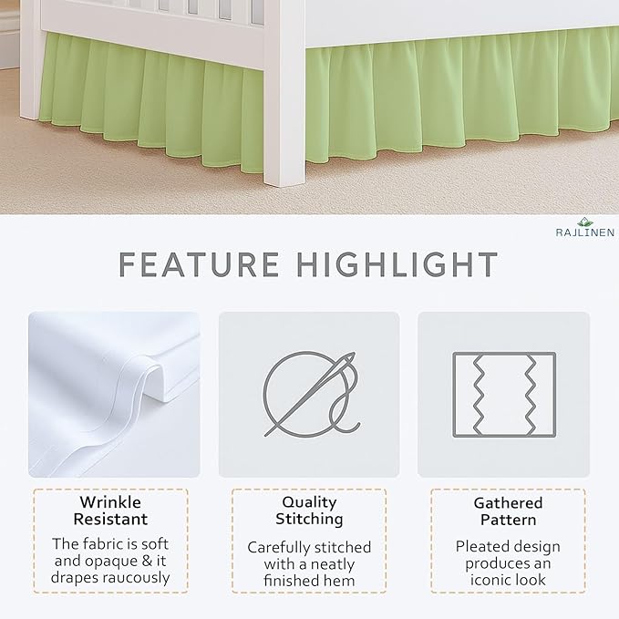 Rajlinen Ruffled Crib Bed Skirt, Microfiber, Dust Ruffle with Split Corners, 14" Drop, Nursery Toddler Bedding for Baby Boys or Girls, Sage