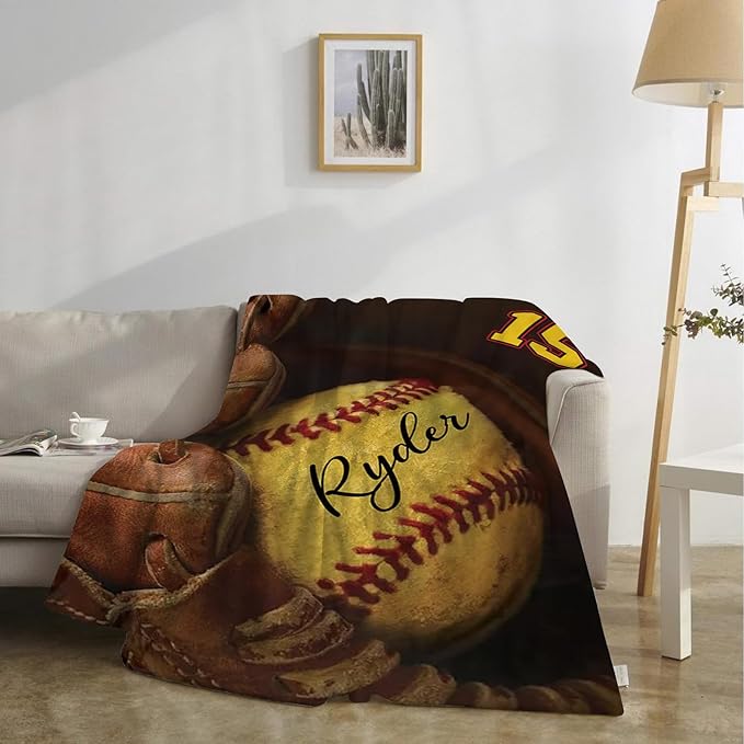 Custom Baby Softball Blanket with Name Number: Personalized Fluffy and Warm Gift for Baby Toddler Kids and Adults Birthday Skin-Friendly Flannel Fabric(50"x60")