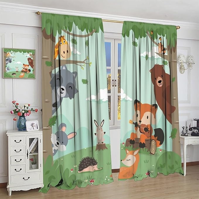 Forest Animals Curtains Colorful Forest Cartoon Cute Fox Bear Giraffe for Kids Boys Girls Nursery Bedroom Living Room Blackout Rod Pocket Decoration Window Drapes 2 Panels W27.5xL63in