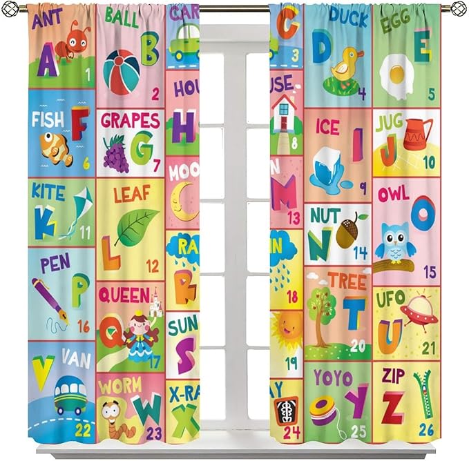 Colorful ABC Classroom Nursery Curtains Kids Alphabet Learning Baby Boys Girls Curtain with Rod Pocket for Children Toddler Playroom Home Drapes Window Treatments 2 Panels Set 63" W X 63" L