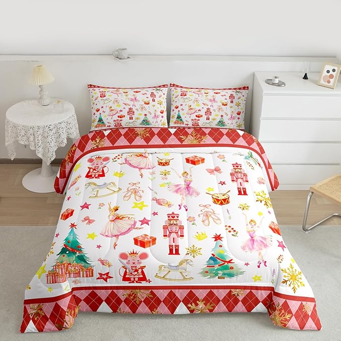 Feelyou Christmas Comforter Set All Season Ballet Nutcracker Bedding Set with 2 Pillow Cases Snowflake Kids Queen Bedclothes Bedroom Decor Duvet Quilt Breathable Soft Lightweight