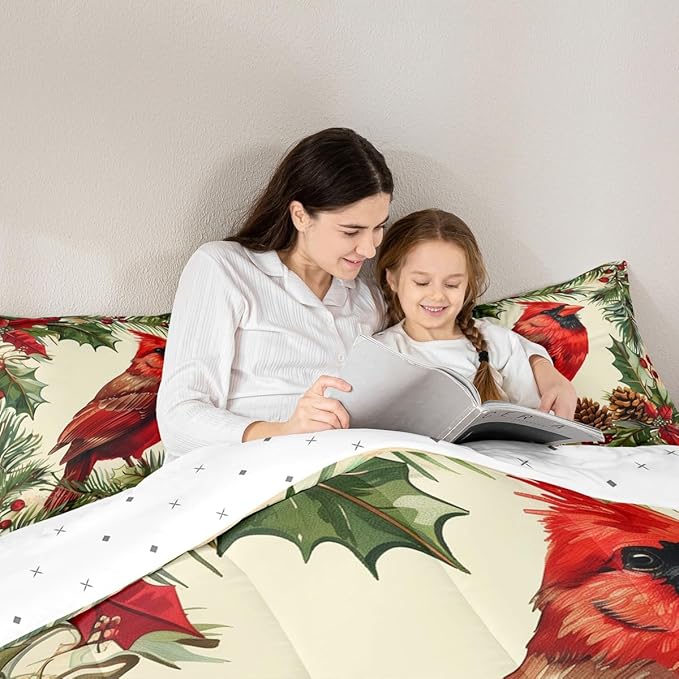 jejeloiu Kids Red Cardinal Comforter Set Twin Size Christmas Tree Green Plants Bedding Set for Boys Girls Teens Xmas Birds Animal Winter Happy New Year Duvet Quilt Room Decor