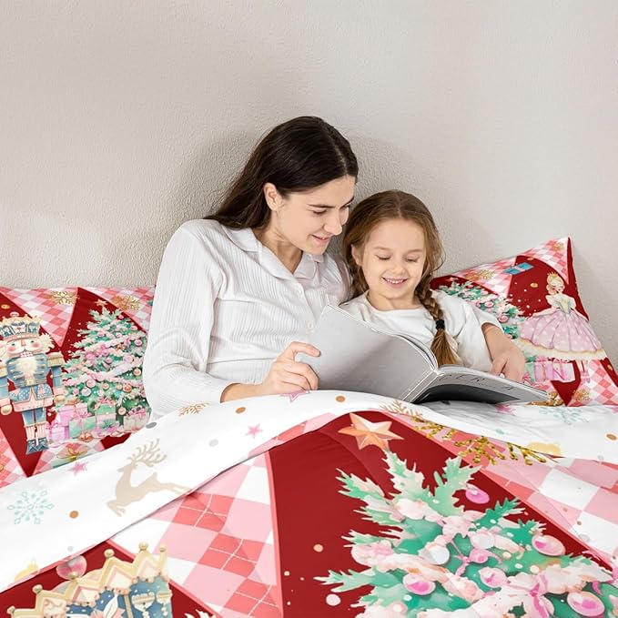 jejeloiu Christmas Nutcracker Comforter Set King Size Gingerbread Man Bedding Set for Kids Boys Girls Xmas Tree Duvet Quilt Red Bedroom Decor