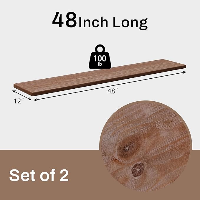 12x48 Inch Rustic Brown Wood Floating Shelves 2-Pack - Farmhouse Brown Wall Shelves with 100 lbs Capacity, Easy Installation for Living Room, Kitchen, Bathroom