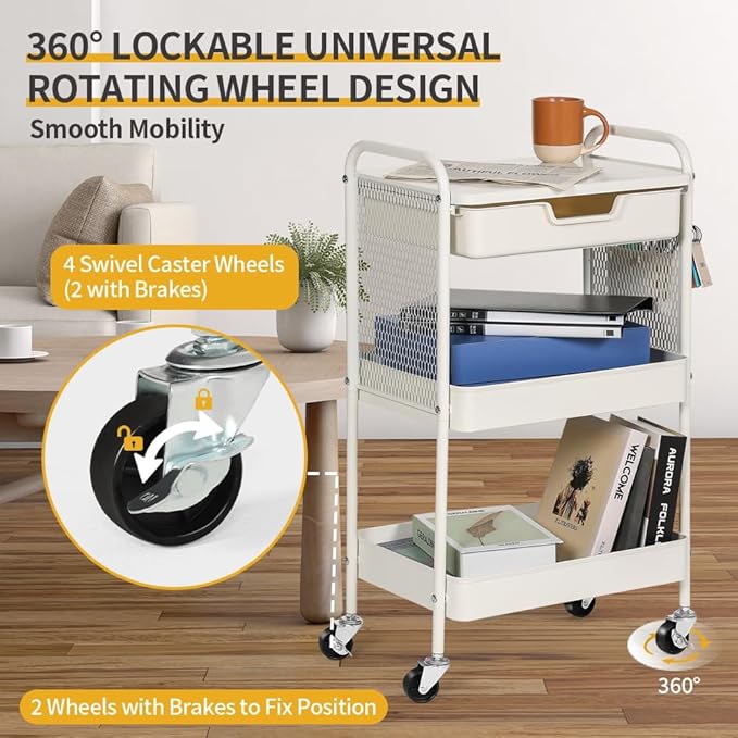 3-Tier Rolling Cart with Drawer, Metal Utility Storage Cart Organizer with Lockable Wheels&Hanging Cups&Hooks, Mobile Storage Craft Carts Trolley with Mesh Shelves for Kitchen, Office-White