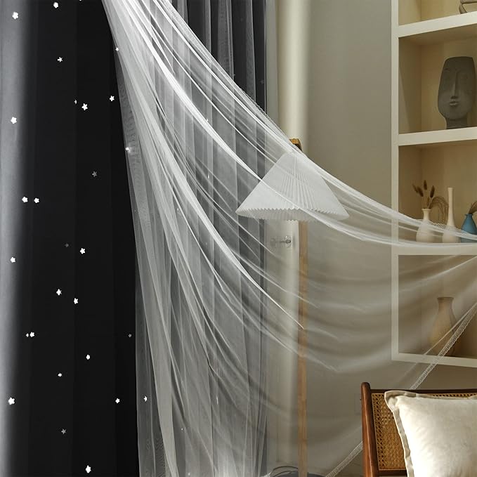 Kinryb Kids Blackout Curtains for Bedroom/Living Room/Classroom, Sheer Overlay 2 Free Tiebacks, Double Layer Curtains with Star Cutout for Kids Room(Each Piece W 70 x L 84 Inches 2 Pcs Black)